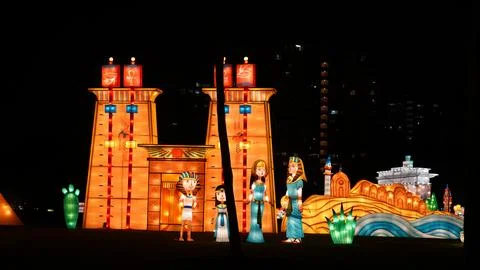 Vibrant Ancient Egypt Lantern Display at Night Festival Stock Photos