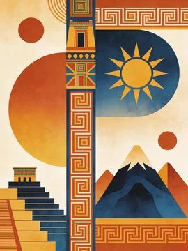 Vibrant ancient temple with intricate patterns and majestic mountain landscape Stock Illustration