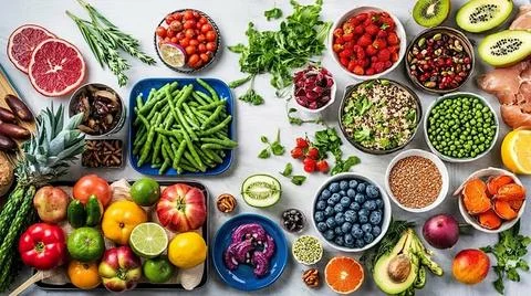 A vibrant and appetizing spread of fresh produce and snacks Stock Photos