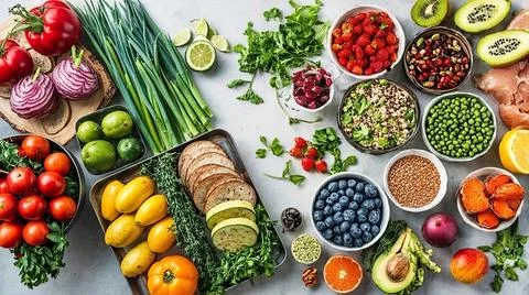 A vibrant and appetizing spread of fresh produce and snacks Stock Photos