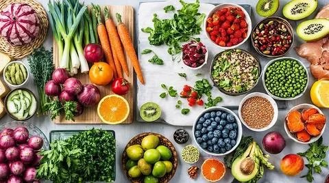 A vibrant and appetizing spread of fresh produce and snacks Stock Photos