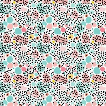 Vibrant and colorful seamless pattern of polka dots and bubbles, pink, blue Stock Illustration