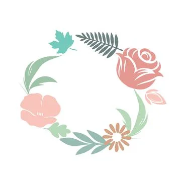 Vibrant and decorative circular frame made of colorful flowers and leaves, in Stock Illustration
