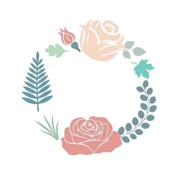 Vibrant and decorative circular frame made of colorful flowers and leaves, in Stock Illustration