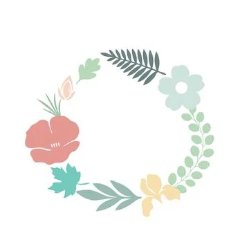 Vibrant and decorative circular frame made of colorful flowers and leaves, in Stock Illustration