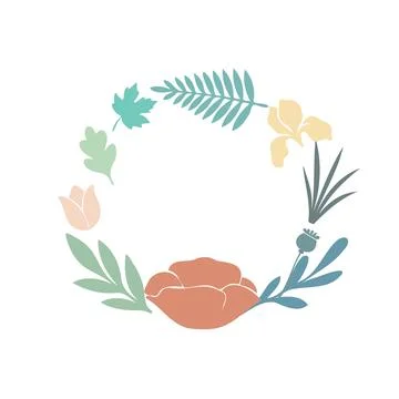 Vibrant and decorative circular frame made of colorful flowers and leaves, in Stock Illustration