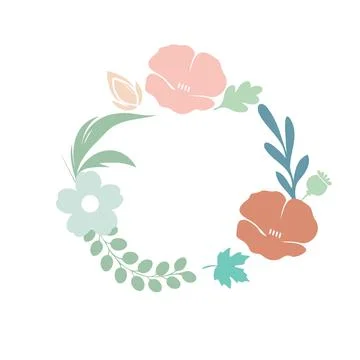 Vibrant and decorative circular frame made of colorful flowers and leaves, in Stock Illustration