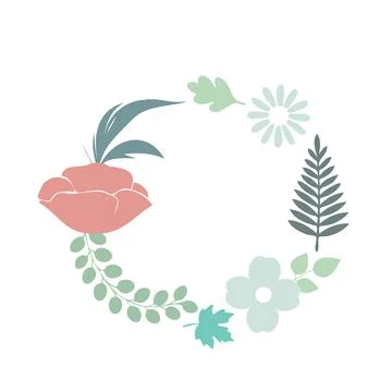 Vibrant and decorative circular frame made of colorful flowers and leaves, in Stock Illustration