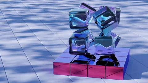 Vibrant and dynamic geometric shapes illuminated in neon colors, creating a l Stock Illustration