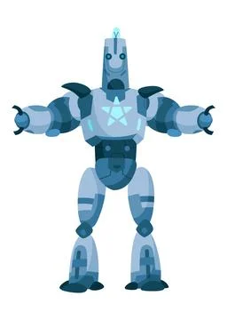 A Vibrant and Stylized Blue Robot Character Featuring Distinct Angular Features Stock Illustration