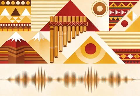 Vibrant Andean pattern with panpipes and mountains Stock Illustration