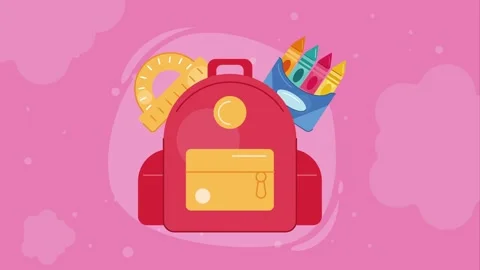 A vibrant animated school backpack with essential supplies like a protracto.. Video stock 339062858