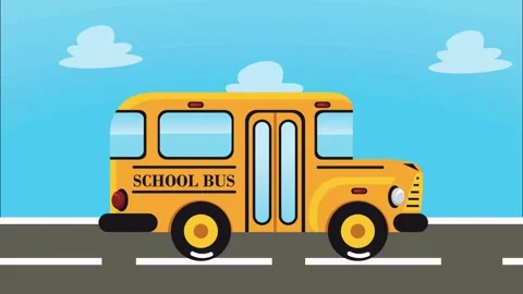 A vibrant animated school bus moves across the frame on a road with clouds .. Stock-Footage 339045491