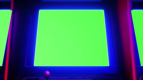Vibrant Arcade Gaming Experience Bright Green and Blue Screens Illuminate Retro  Stock-Footage 296584825