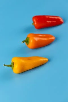 Vibrant Array of Colorful Peppers on a Bright Blue Background: Red, Orange, and Stock Photos