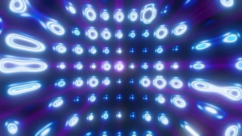 Vibrant array of glowing blue and purple neon rings extending in a digital .. Stock Footage 312235863
