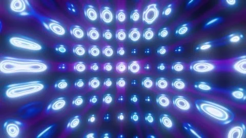 Vibrant array of glowing blue and purple neon rings extending in a digital gr 库存照片