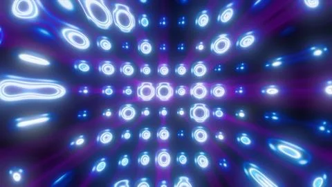 Vibrant array of glowing blue and purple neon rings extending in a digital gr Stock Photos