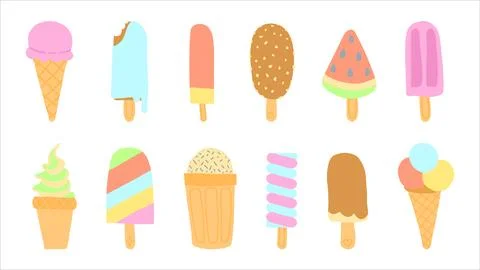A vibrant array of illustrated ice creams and popsicles, featuring various Stock Illustration