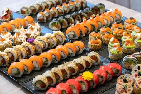 A vibrant array of many different types of gourmet sushi and maki rolls Fotos Stock