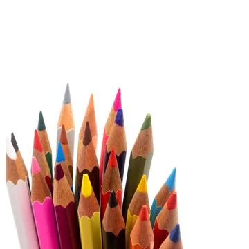 Vibrant array of multicolored pencils isolated on a white background. 库存照片