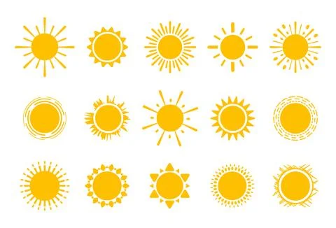 Vibrant array of stylized sun icons with various rays and designs on a white Stock-Illustration