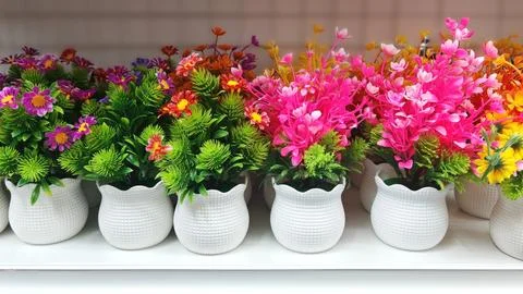 Vibrant Artificial Flower Pots Display Stock Photos