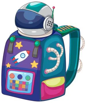Vibrant Astronaut Themed School Backpack with Rocket Ship and Control Panel Stock Illustration