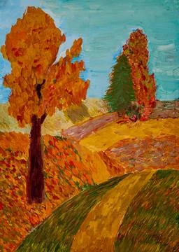 Vibrant autumn landscape showcasing trees and winding path in warm colors Stock Illustration