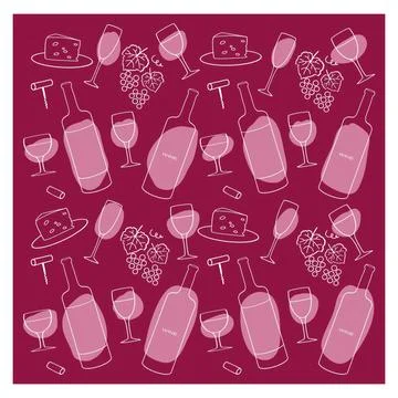A vibrant backdrop featuring wine bottles, glasses, cheese, and grapes for a Stock Illustration