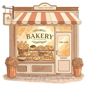 Vibrant bakery storefront with assorted baked goods and inviting ambiance d.. Stock Illustration