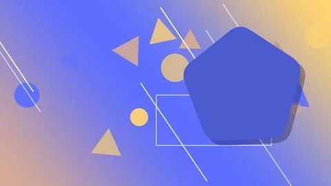 A vibrant blue and violet composition features layered polygons, circles, l.. Illustrazione stock
