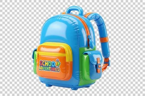 A vibrant blue backpack with orange yellow green pockets text school advent.. 스톡 일러스트