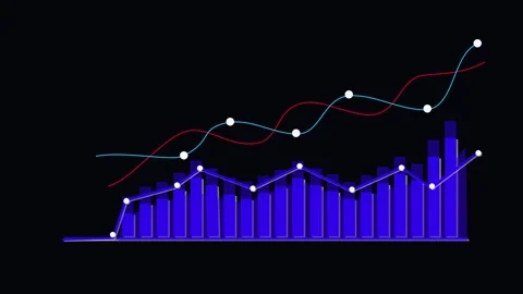 Vibrant blue bar graph with overlaid red and cyan line graphs and white mar.. Stock Footage 321587619