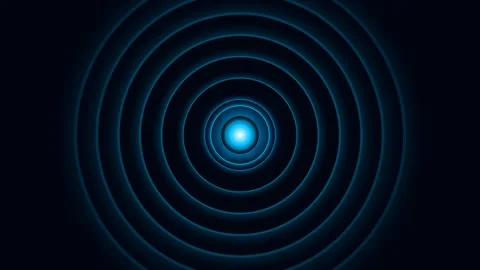 Vibrant blue concentric rings radiating from a central glowing light source Video stock 335117198
