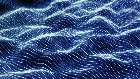 Vibrant blue digital waves made of shimmering particles form a luminous flowi Stockillustratie