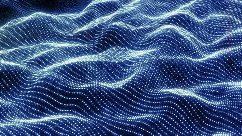 Vibrant blue digital waves made of shimmering particles form a luminous flowi Stockillustratie