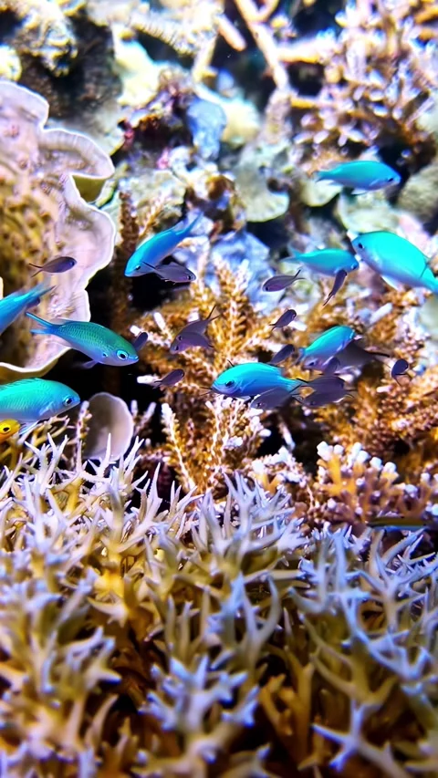 Vibrant blue fish gracefully swim amidst a colorful coral reef scene Stock Footage 336524451
