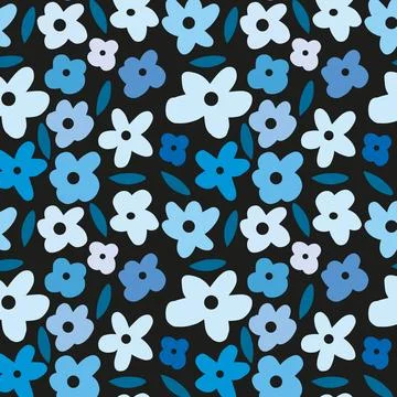 Vibrant blue floral seamless pattern on black background Stock Illustration