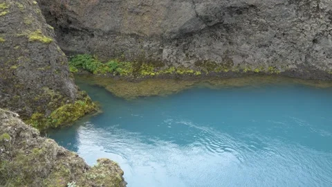 Vibrant Blue Glacial Water Pool Near Sigöldufoss Waterfall in Iceland Stock Footage 339961737