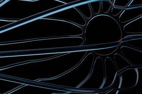 Vibrant blue-lit abstract lines traverse a dark void, converging on a radia.. Stock Illustration