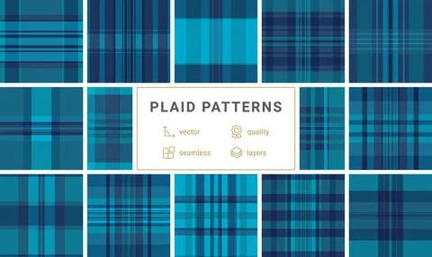 Vibrant blue plaid pattern featuring a seamless geometric design with teal an Stock Illustration