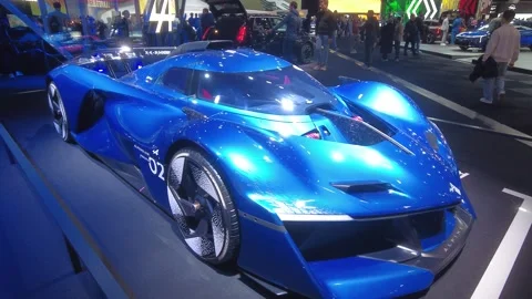 Vibrant blue renault clio esprit alpine full hybrid e tech showcased 2026 Stock Footage 328206420