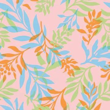 Vibrant Botanical Seamless Pattern with Colorful Leaves on Pink Background. Stock Illustration