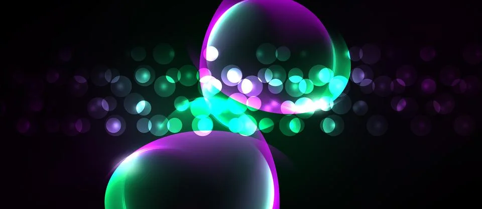 Vibrant bubbles float against dark background. Glowing orbs create abstract, Stock Illustration