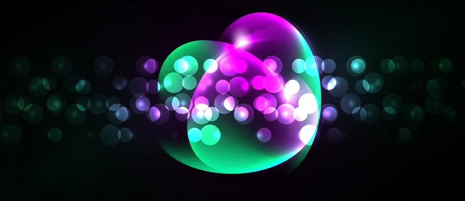 Vibrant bubbles float against dark backdrop. Colors blend, creating luminous Ilustração Stock