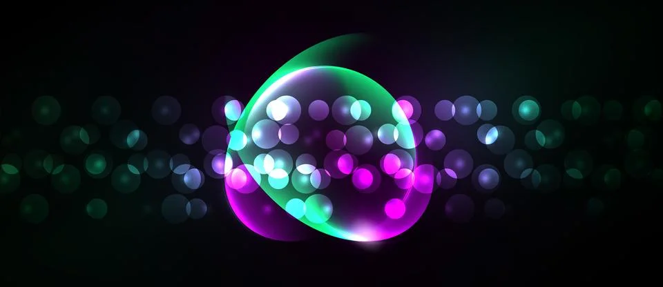 Vibrant bubbles float, glowing magenta, teal hues. Dark background emphasizes Stock Illustration