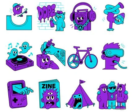 Vibrant Cartoon Characters and Objects Stock Illustration
