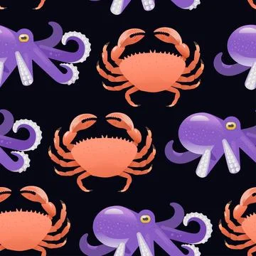 Vibrant cartoon seamless pattern with cute crabs and octopus. Vector Stock Illustration