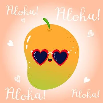 A vibrant cartoon of a smiling Mango, sporting heart sunglasses and the wor.. Stock Illustration